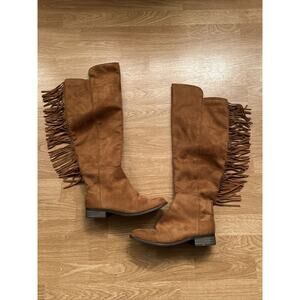 American Eagle Fringe Over the Knee Boots Faux Suede Hard Sole Natural 7 Cowboy